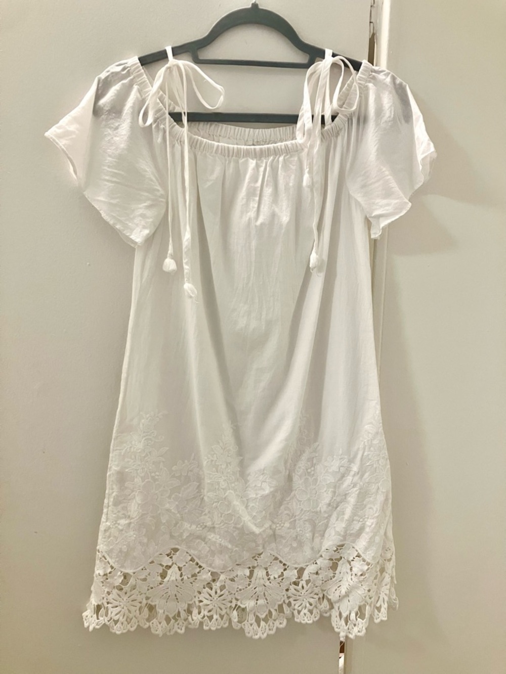 Madewell White Cotton Embroidered Off Shoulder Crochet Hem Dress Sz XS